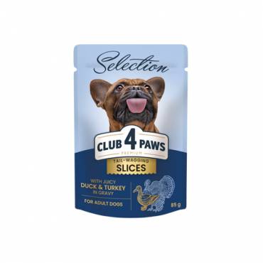 CLUB 4 PAWS PREMIUM PLUS "SLICES WITH DUCK AND TURKEY IN GRAVY". COMPLETE CANNED PET FOOD FOR ADULT DOGS OF SMALL BREEDS