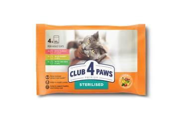 Set CLUB 4 PAWS Premium. Сomplete canned pet food for sterilised cats "With turkey in gravy", "With rabbit in jelly", "Sterilised" with chicken (4 x 0,085), 0,34 kg